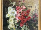 une peinture à l'huile représentant des fleurs dans un vase sur une table