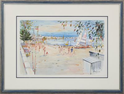 tableau représentant une scène de plage avec des personnes sur le sable et des bateaux dans l'eau
