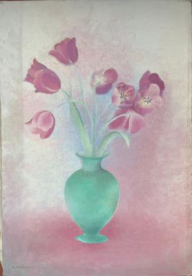 a painting of pink flowers in a green vase