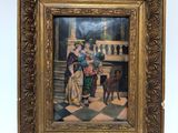 painting of a woman and a dog on a checkered floor in a gold frame