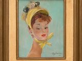un tableau représentant une femme portant un chapeau jaune et une écharpe jaune