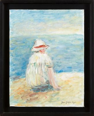 une peinture à l'huile représentant une femme assise sur la plage, coiffée d'un chapeau