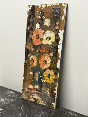 peinture représentant un vase de fleurs posé sur une planche en bois posée sur une table