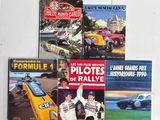 plusieurs livres posés sur une surface blanche, avec une image de voiture de course en arrière-plan
