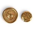 a close up of two gold colored buttons on a white surface