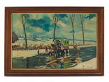 painting of a horse drawn carriage on a snowy road with people on it