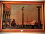a painting on the wall of a building with a clock tower in the background