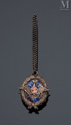 an image of a silver necklace with a blue and red emblem