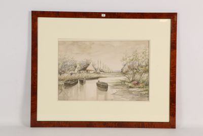 tableau représentant un bateau sur une rivière, avec une maison en arrière-plan