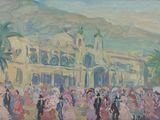 un tableau représentant une foule de personnes marchant devant un immeuble