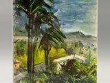 an image of a painting of a palm tree and a house