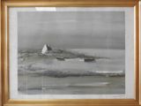 painting of a boat in a body of water with a small island in the background