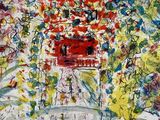 an image of a painting of a house with a red door