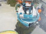 un tableau représentant un bateau dans un port, avec d'autres bateaux dans l'eau