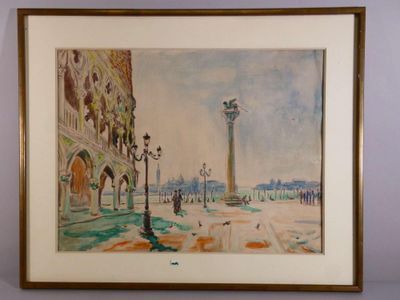 peinture d'une scène de rue avec une tour d'horloge en arrière-plan