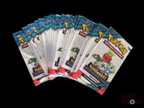 several packs of pokemon trading cards are stacked on top of each other