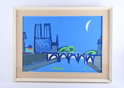 une photo d'un tableau représentant un pont avec la lune dans le ciel