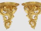 pair of antique gold painted wood wall brackets with scrolls and scrolls