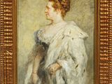un tableau représentant une femme en robe blanche, dans un cadre doré