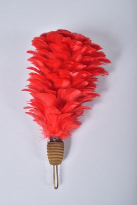 un gros plan d'un pinceau en plumes rouges sur une surface blanche
