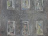 tableau représentant un bâtiment doté de nombreuses fenêtres et d'une horloge sur la façade