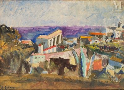 une peinture à l'huile représentant une vue d'une ville avec un cheval au premier plan