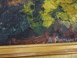 a painting of yellow flowers in a vase on a table