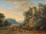 painting of a painting of a castle with people and animals in the foreground