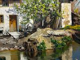 an oil painting of a house by a river with a boat in front of it