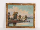 peinture à l'huile d'une scène de rivière avec des bateaux sur l'eau