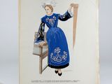 un dessin représentant une femme en robe bleue debout à côté d'une chaise