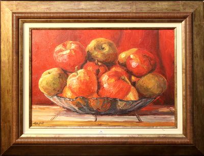 a painting of apples in a bowl on a table