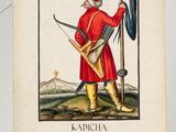 an old book with a picture of a man holding a bow and arrow