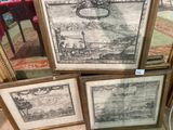 trois dessins encadrés représentant un paysage et un bateau sur un lac