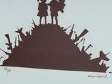 a drawing of two children standing on top of a hill