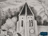a black and white drawing of a church with a clock on it