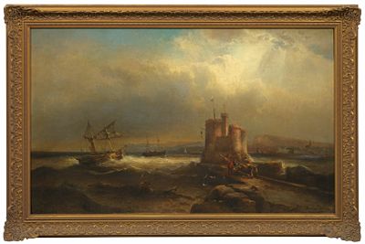 une image représentant un tableau d'un château situé sur une côte rocheuse