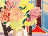 a painting of flowers in a vase on a table
