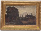 une image d'un tableau représentant un paysage avec des arbres au premier plan