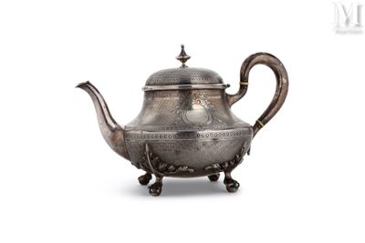 an old silver teapot with a handle on a white background
