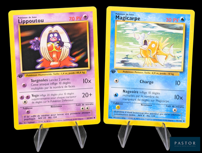 two pokemon cards are displayed on a black background