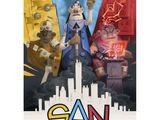 une affiche représentant un personnage de dessin animé avec une ville en arrière-plan