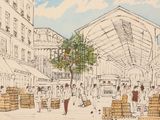a drawing of a busy street with people walking around