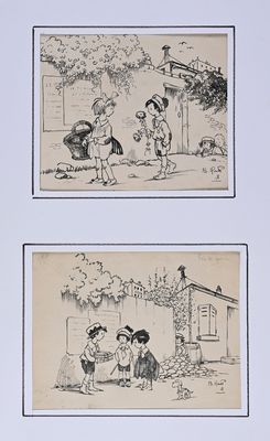 deux dessins représentant des enfants jouant avec un chien et un chat
