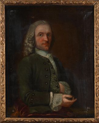 un tableau représentant un homme vêtu d'un manteau vert tenant un bol
