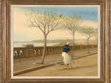 tableau représentant une femme à vélo sur un pont, avec vue sur l'océan