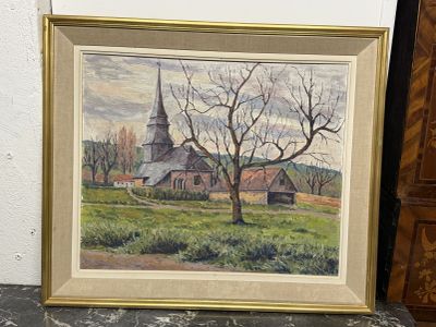 tableau représentant une église dans un champ, avec un arbre au premier plan