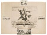 an old drawing of a man riding a horse in a field