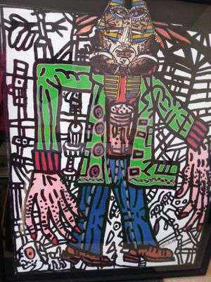 painting of a man in a green jacket and blue pants holding a knife