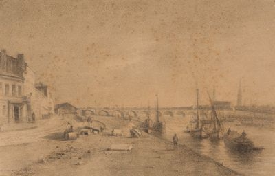 un dessin représentant une vue d'un port avec des bateaux sur l'eau